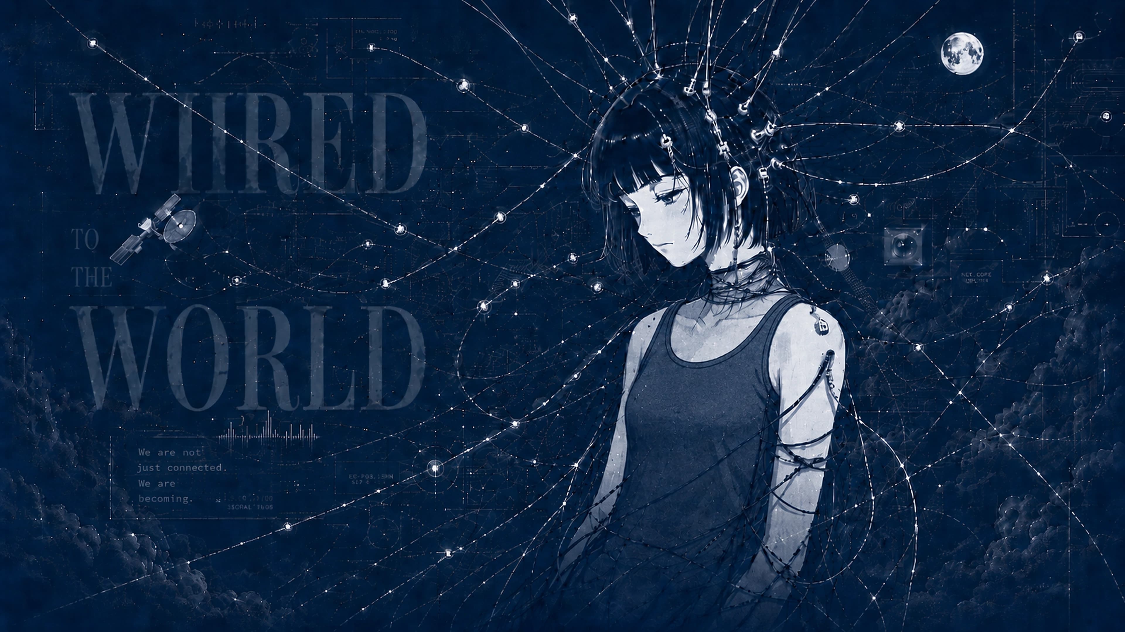 A figure wired into a vast network under a distant moon